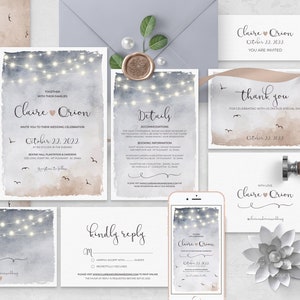 This wedding invitation template bundle features watercolor blue and brown background, twinkling lights, flying birds and beautiful script font.

Matching items available.