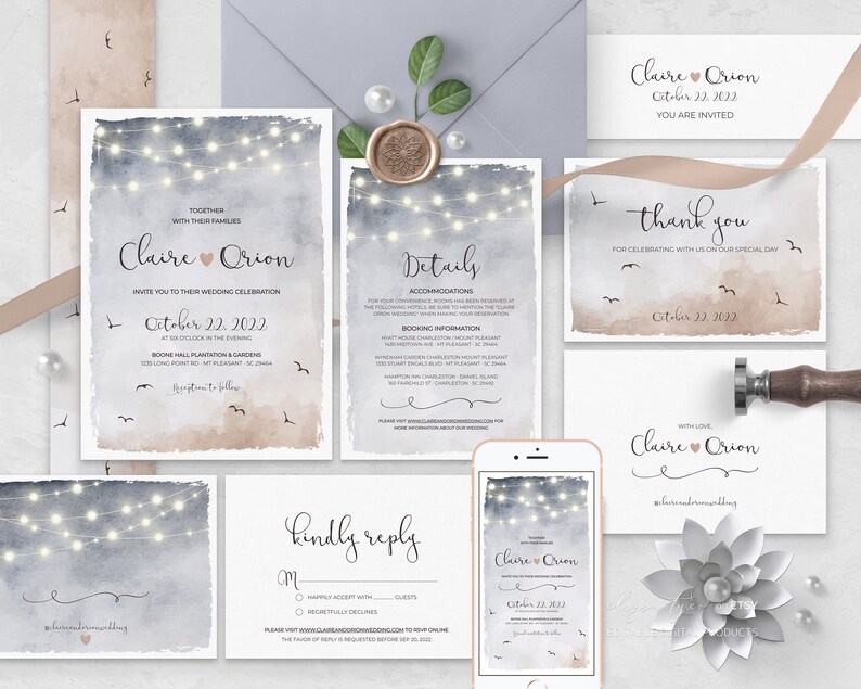 This wedding invitation template bundle features watercolor blue and brown background, twinkling lights, flying birds and beautiful script font.

Matching items available.