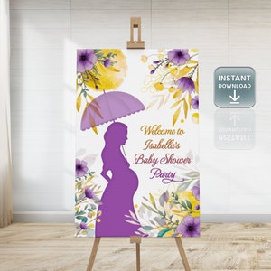 Purple Baby Shower Welcome Sign Template 24x36&quot; • Yellow and Purple Floral Printable • Fully Editable Event Sign Template 010A