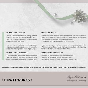 How it works?
What can/cannot be edited • Important notes • What you need to know

No need to install any software or fonts.
No expiration date or download limit.
For personel use only.

You can read the item description and FAQs.