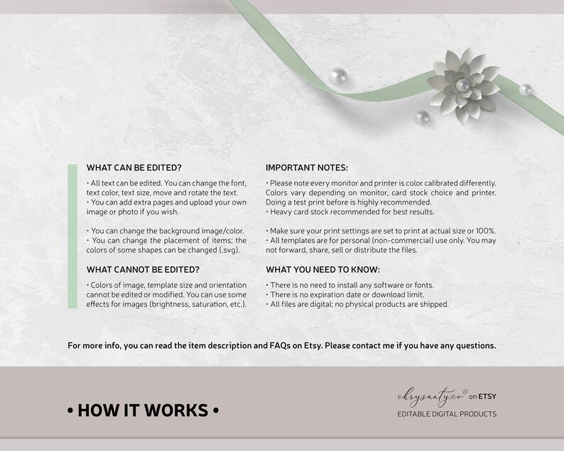 How it works?
What can/cannot be edited • Important notes • What you need to know

No need to install any software or fonts.
No expiration date or download limit.
For personel use only.

You can read the item description and FAQs.