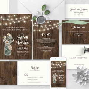 Elegant Rustic Wedding Invitation Template Set • DIY Wood and Lights Country Wedding Invite • Daisies in Jar Self-Editable Bundle 002A