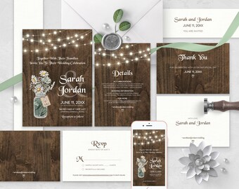 May include: Rustic wedding invitation suite with a woodgrain background and string lights. The invitation features a mason jar with wildflowers and the text "Sarah & Jordan" and "June 11, 20XX".