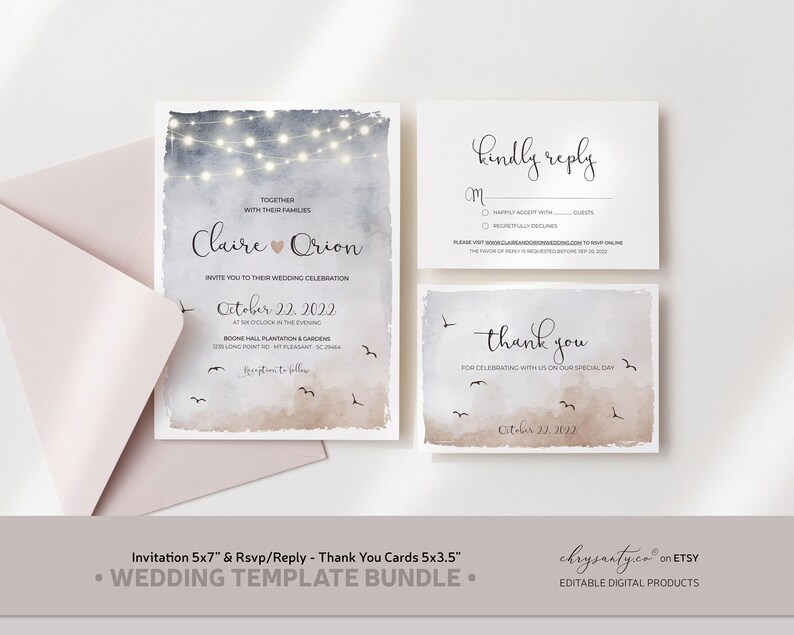 Invitation 5x7”
Rsvp/Reply Card 5x3.5”
Thank You Card 5x3.5”