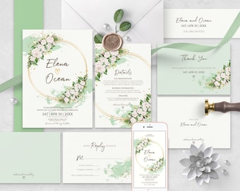 May include: Wedding invitation suite with a green and gold color scheme. The invitation features a floral design with white flowers and green leaves. The text on the invitation reads "Elena and Ocean" and "Together with their families, invite you to their wedding celebration, Sat | Apr 30 | 20XX".