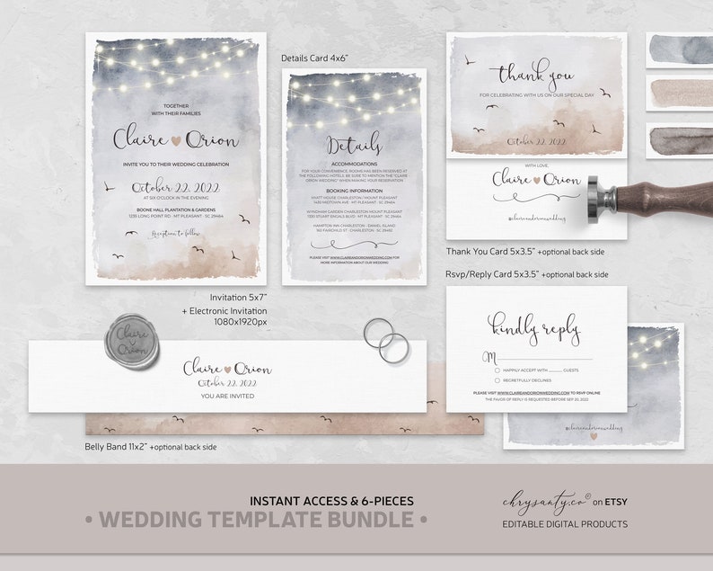 What is Included?
Invitation 5x7”
Electronic Invitation 1080x1920px
Details Card 4x6”
Rsvp/Reply Card 5x3.5” +optional back side
Thank You Card 5x3.5” +optional back side
Belly Band 11x2” +optional back side
Instructions (.pdf)