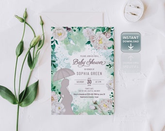 May include: A baby shower invitation with a watercolor background featuring white flowers and green leaves. The invitation is for Sophia Green and includes the date, time, and location of the event. The text "Baby Shower" is written in a cursive font.