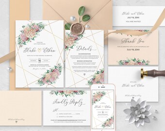 May include: Wedding invitation suite with a geometric gold design and watercolor floral illustrations. The invitation features the names "Blake and Ethan" and the date "July 16, 20XX".