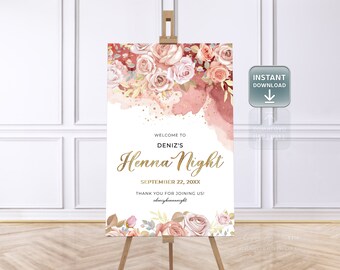 Modern Henna Night Welcome Sign Templates • Red, Gold, Floral & Fully Customizable (Digital Download)