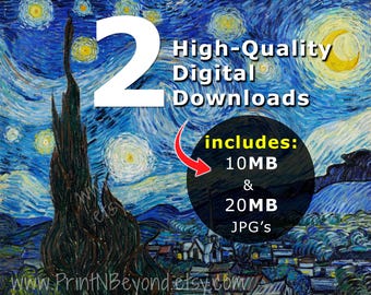 Van Gogh The Starry Night Digital Art Download, 2 High Resolution files 20MB and 10MB JPG's, Instant Downloads, Wallpaper