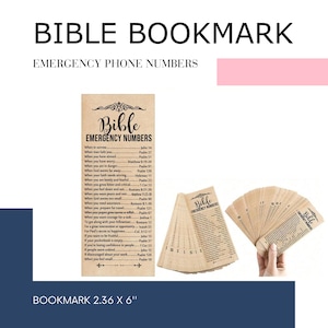 May include: A brown paper bookmark with the text "Bible Emergency Numbers" and a list of Bible verses for different situations. The bookmark measures 2.36 inches by 6 inches.