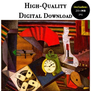 May include: Abstract painting featuring a clock, playing cards, and a red fan. The artwork includes the text "HIGH-QUALITY DIGITAL DOWNLOAD" and a black circle with the text "includes: 20+MB JPG".