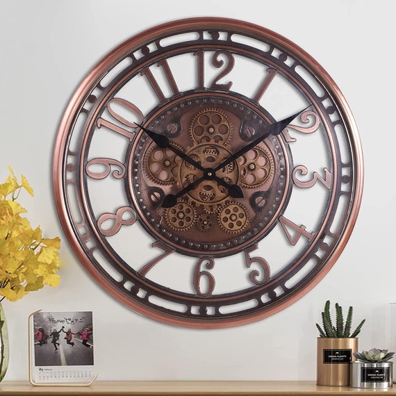 Large 21 Inch Moving Gear Vintage Wall Clock - Gallery Solutions Oversized Black And Bronze Metal Wall Clock Large 21 Inch Moving Gear Vintage Wall Clock - Gallery Solutions Oversized Black And Bronze Metal Wall Clock
