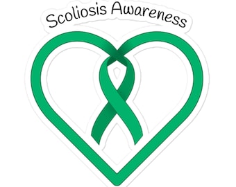 Può includere: Nastro verde legato a forma di cuore con le parole "Scoliosis Awareness" sopra.