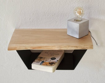 Hanging bedside table made of solid oak and steel shelf