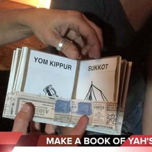 Pode incluir: Um livro artesanal com páginas intituladas "Yom Kipur" e "Sucot". O livro está aberto, revelando ilustrações e texto. A base do livro é decorada com papel de estilo vintage. O texto "MAKE A BOOK OF YAH'S FEASTS" está na parte inferior.