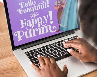 Purim Screensaver | Desktop Wallpaper | "Hello Beautiful! Happy Purim!" JPG Screensaver | Purim Digital Art | Purim Cartoon