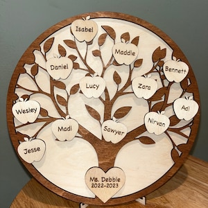 May include: A wooden apple tree with the names of students and "Ms. Debbie 2022-2023" on a heart-shaped plaque at the base.