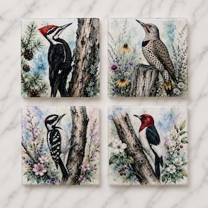 May include: Set of four square ceramic coasters featuring watercolor illustrations of different woodpeckers. Each coaster depicts a unique bird species perched on a tree branch, surrounded by foliage and flowers. The coasters have a glossy finish.