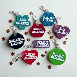May include: A collection of colorful allergy alert keychains in various shapes, including a flower, hexagon, heart, circle, and rectangle. Each keychain displays a different allergy, such as "Egg Allergy" and "Peanut Allergy."