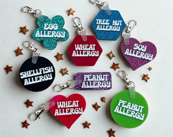 Kid&#39;s Allergy Alert Keychain | Emergency Medical Alert Lunchbox Bag Charm | Backpack Tag | Peanut, Wheat, Tree Nut, Egg, Shellfish, Egg