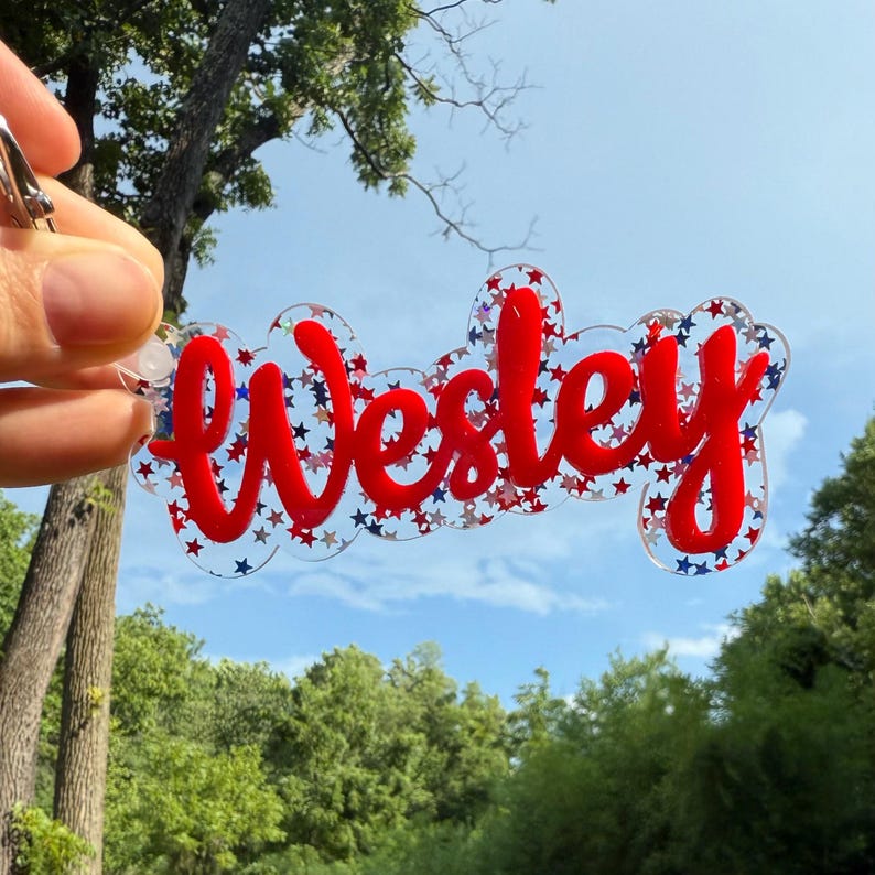 Wesley Cursive Personalized Glitter Name Keychain: Acrylic Star Confetti Tag - Etsy