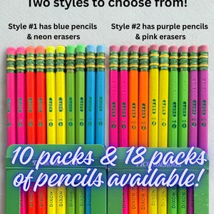 May include: A vibrant display of pencils in two styles. One style features blue pencils with neon erasers, the other has purple pencils and pink erasers. The image includes text stating "Two styles to choose from!" and "10 packs & 18 packs of pencils available!"