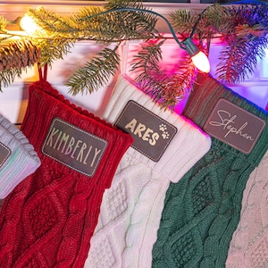 Personalized Family Christmas Stockings, Leather Patch Knit Stocking, Holiday Custom Name Patch Engraved in Beautiful Gold Writing
