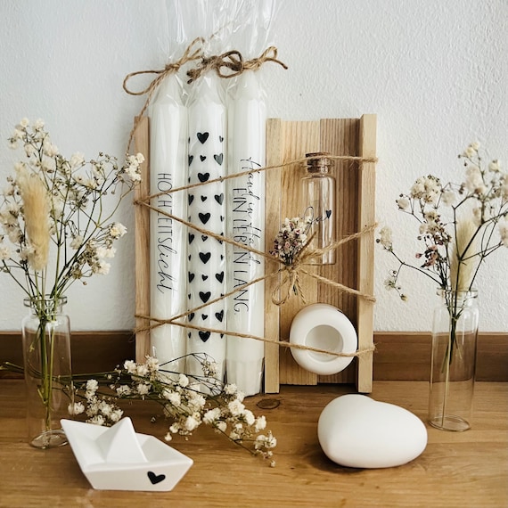 Geschenkset zur Hochzeit, 3 Kerzen, Trockenblumen, personalisierte gegossene Buchstaben/ Jahreszahl, 2023, Brautpaar, Geschenk Geldgeschenk