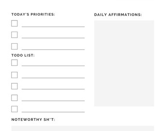 May include: A white planner with black text, including the phrases "GET SH*T DONE!" and "GET YOUR SH*T TOGETHER." It features sections for daily priorities, a to-do list, daily affirmations, and noteworthy items. The planner is designed for daily use.