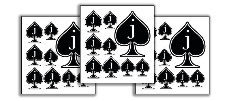May include: Three square cards with a white background. Each card features a black spade symbol with the letter "J" in white. The spade symbols are arranged in a pattern, with a large spade in the centre and smaller spades surrounding it.