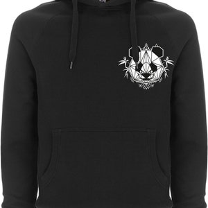 May include: Black hooded sweatshirt with a white geometric panda design on the front. The panda is surrounded by bamboo.