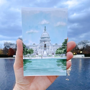 Hand-Drawn Washington DC Postcard, US Capitol Building Art, Unique Washington DC Gift And Souvenir, Modern 4x6 Illustration Postcard. Hand-drawn art, watercolor illustration, perfect gift or souvenir for postcrossers and collectors