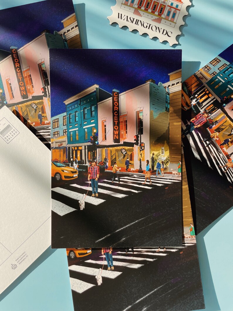 Georgetown Washington DC postcard featuring an iconic neon sign and vibrant street scene, perfect souvenir or gift for postcrossers, DC lovers, and collectors.