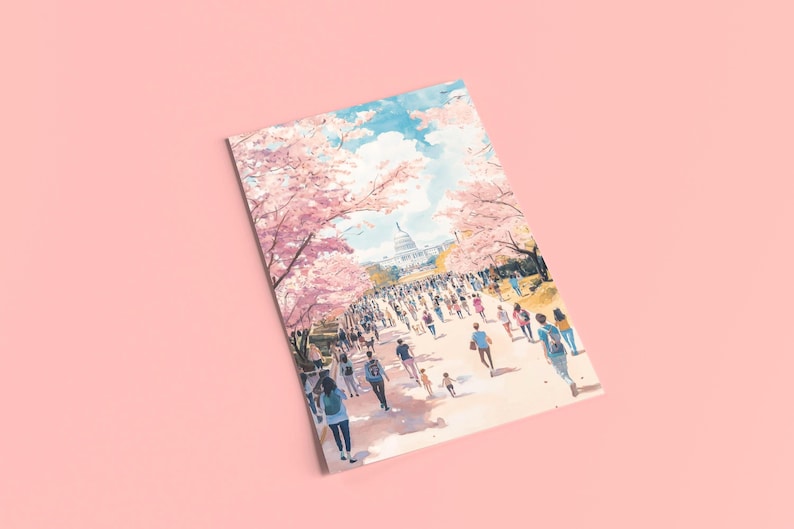 Washington DC Postcard, Hand-Drawn Cherry Blossom Greeting Card