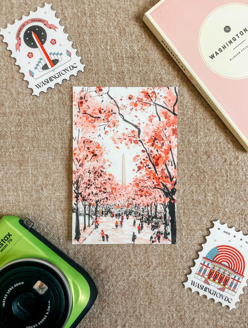 Vibrant cherry blossom art postcard with The Washington Monument, a unique Washington DC souvenir for spring lovers, cherry blossom postcard perfect for gifts or decor