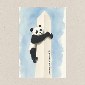 Washington DC postcard featuring a whimsical illustration of a giant panda climbing The Washington Monument. A fun and charming souvenir celebrating the return of pandas to DC. Perfect gift for panda lovers, Washingtonians and Washington, DC enthusiasts!