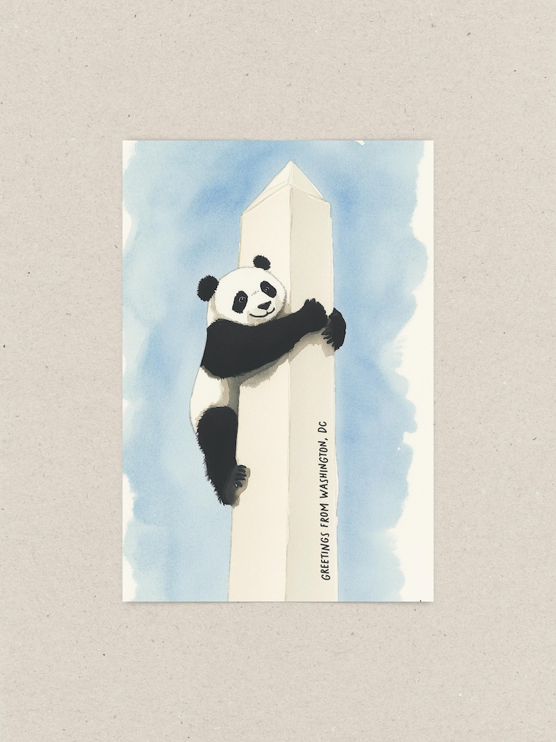 Washington DC postcard featuring a whimsical illustration of a giant panda climbing The Washington Monument. A fun and charming souvenir celebrating the return of pandas to DC. Perfect gift for panda lovers, Washingtonians and Washington, DC enthusiasts!