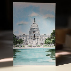 Hand-drawn Washington DC postcard featuring the US Capitol Building. Elegant 4x6 postcard with watercolor-style artwork, perfect for collectors, postcrossing, and travel souvenirs.
