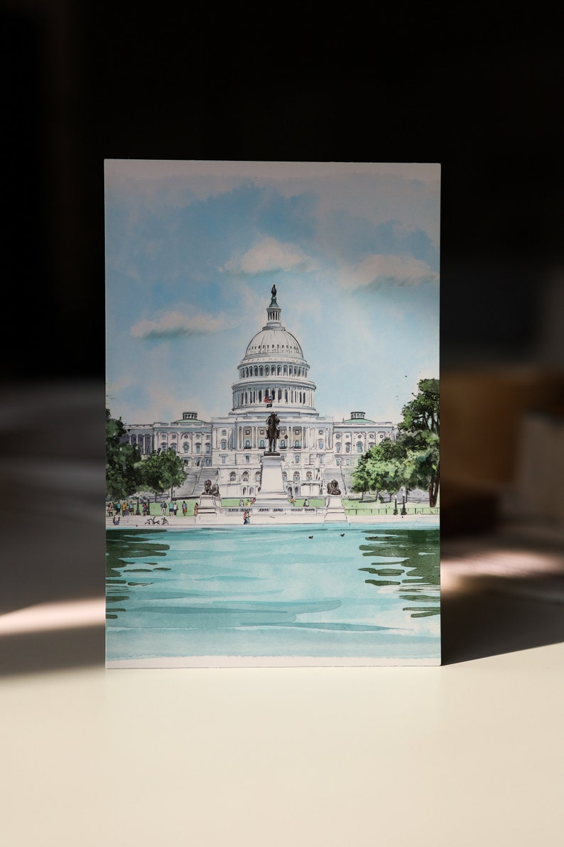 Hand-drawn Washington DC postcard featuring the US Capitol Building. Elegant 4x6 postcard with watercolor-style artwork, perfect for collectors, postcrossing, and travel souvenirs.