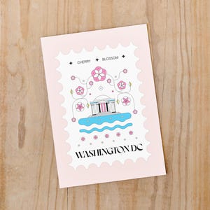 Washington DC cherry blossom postcard featuring a postage stamp design with the Jefferson Memorial and Tidal Basin in peak bloom. A perfect Washington DC souvenir, travel keepsake, and unique 4x6 postcard for cherry blossom lovers and postcrossers.