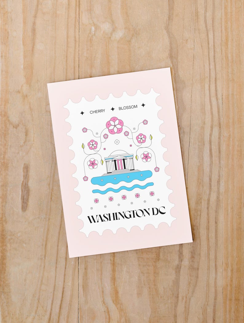 Washington DC cherry blossom postcard featuring a postage stamp design with the Jefferson Memorial and Tidal Basin in peak bloom. A perfect Washington DC souvenir, travel keepsake, and unique 4x6 postcard for cherry blossom lovers and postcrossers.