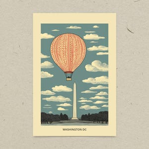 Postal de Washington DC, globo aerostático y monumento a Washington, recuerdo de Washington DC, regalo de viaje a DC y tarjeta de felicitación única de 4x6