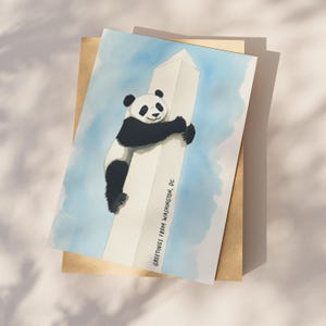 Pocztówka z pandą z Waszyngtonu, słodka sztuka pandy, ilustracja pomnika Waszyngtona, zabawna pamiątka z Waszyngtonu, prezent z gigantyczną pandą, pocztówka 4x6