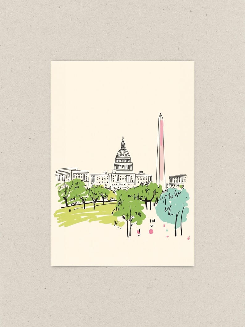 Washington DC Postcard, Sketchbook Summers, Washington DC Art, Unique Washington DC Gift And Souvenir, 4x6 Greeting Card