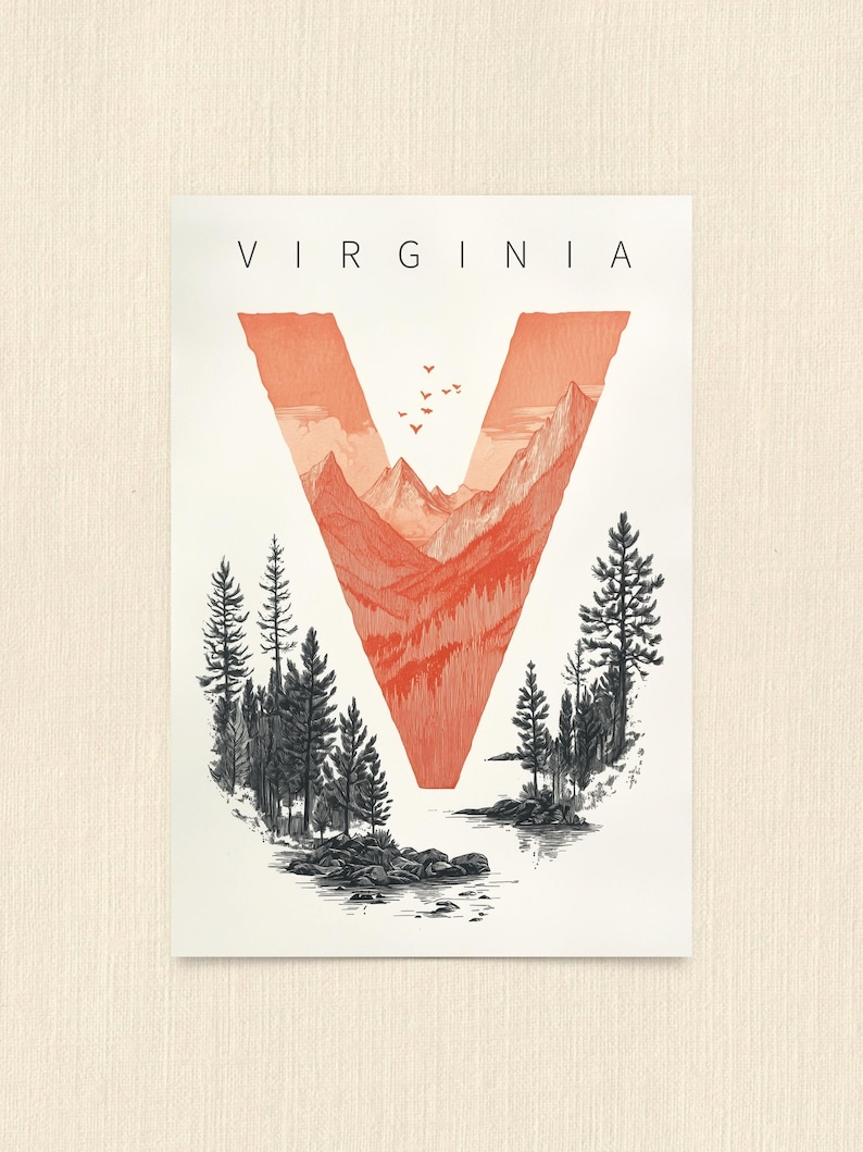 Virginia postcard featuring the letter "V" artistically intertwined with lush forests and majestic mountain peaks. A perfect 4x6" Virginia souvenir celebrating the state’s natural beauty. Printed on premium matte cardstock, ideal for nature lovers, hikers, and adventure seekers.