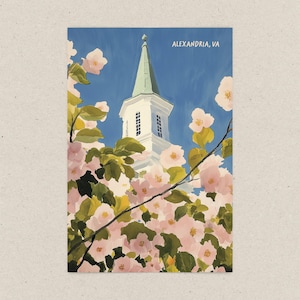 Watercolor illustration of cherry blossom trees in Old Town Alexandria, Virginia. A charming spring scene with soft pink blooms, historic streets, and a touch of whimsy. Perfect for DC Metro area souvenirs and floral art lovers.