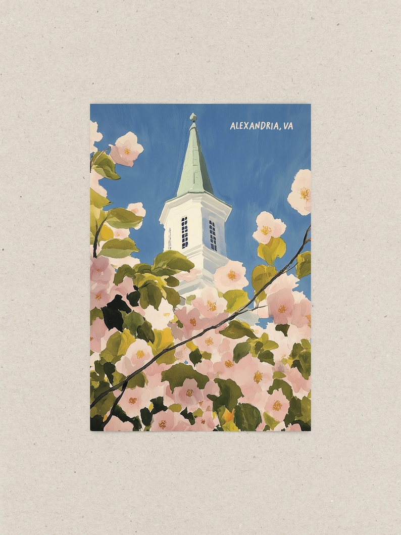 Watercolor illustration of cherry blossom trees in Old Town Alexandria, Virginia. A charming spring scene with soft pink blooms, historic streets, and a touch of whimsy. Perfect for DC Metro area souvenirs and floral art lovers.