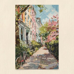 Illustrated postcard of a summer day in Georgetown, Washington, DC, featuring bicycles, colorful row houses, and lush greenery. Printed on a 4x6" matte cardstock, perfect for mailing or collecting.