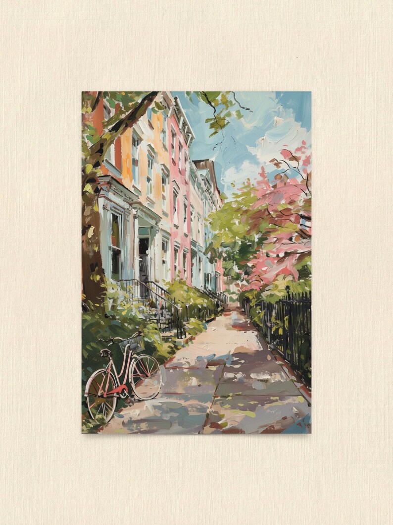 Illustrated postcard of a summer day in Georgetown, Washington, DC, featuring bicycles, colorful row houses, and lush greenery. Printed on a 4x6" matte cardstock, perfect for mailing or collecting.